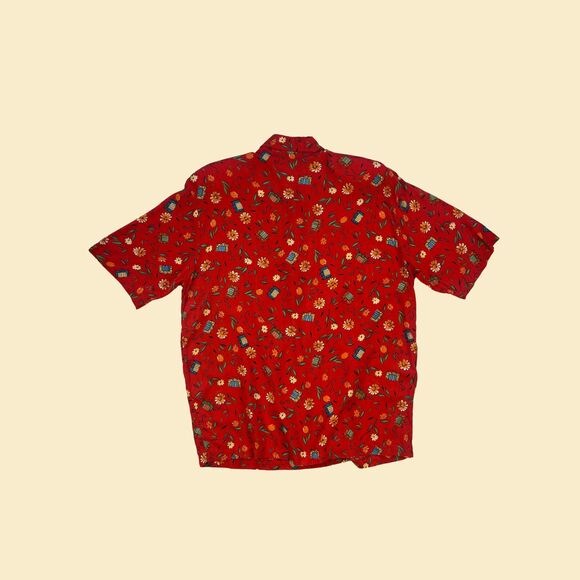 1980s red floral blouse by SK Wear, size S vintage 80s patterned blouse - Picture 3 of 9